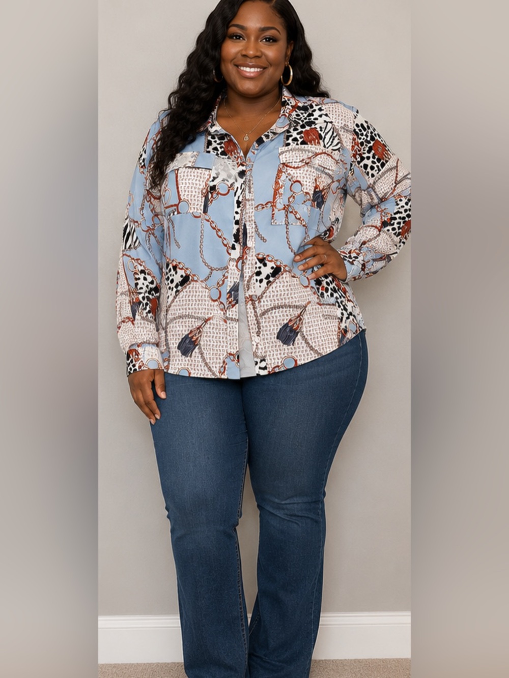 SHEIN Light Blue Chain & Animal Mix Button-Down Shirt